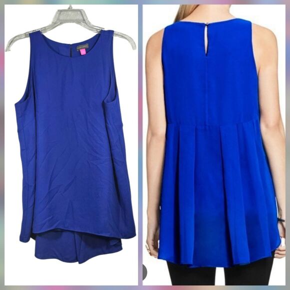 Vince Camuto Sleeveless Crepe Highlow Top Blue Women's Luxe Pleated Back Blouse - Picture 3 of 9